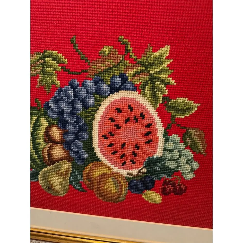 Vintage 1970s Framed Needlepoint Fruit Still Life Red Gold Frame Wall Art 21x18
